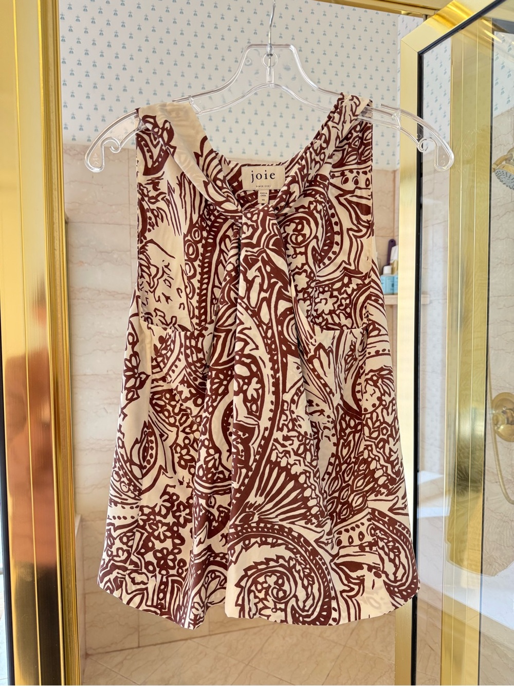 Joie Cream and Brown Paisley Tie-Neck Sleeveless Top